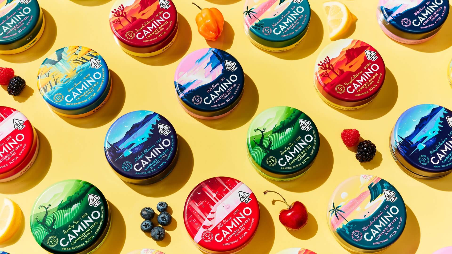 Assorted Camino cannabis-infused gummies in colorful packaging, arranged neatly on a display.
