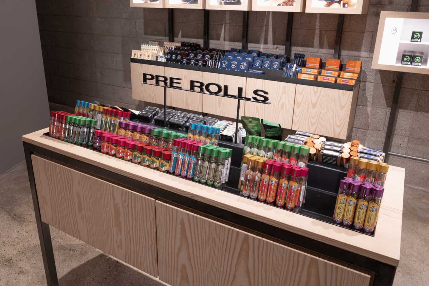 The Pre Rolls section at Xzibit's West Coast Cannabis in Marina Del Rey featuring a large selection of Jeeter Pre Rolls.