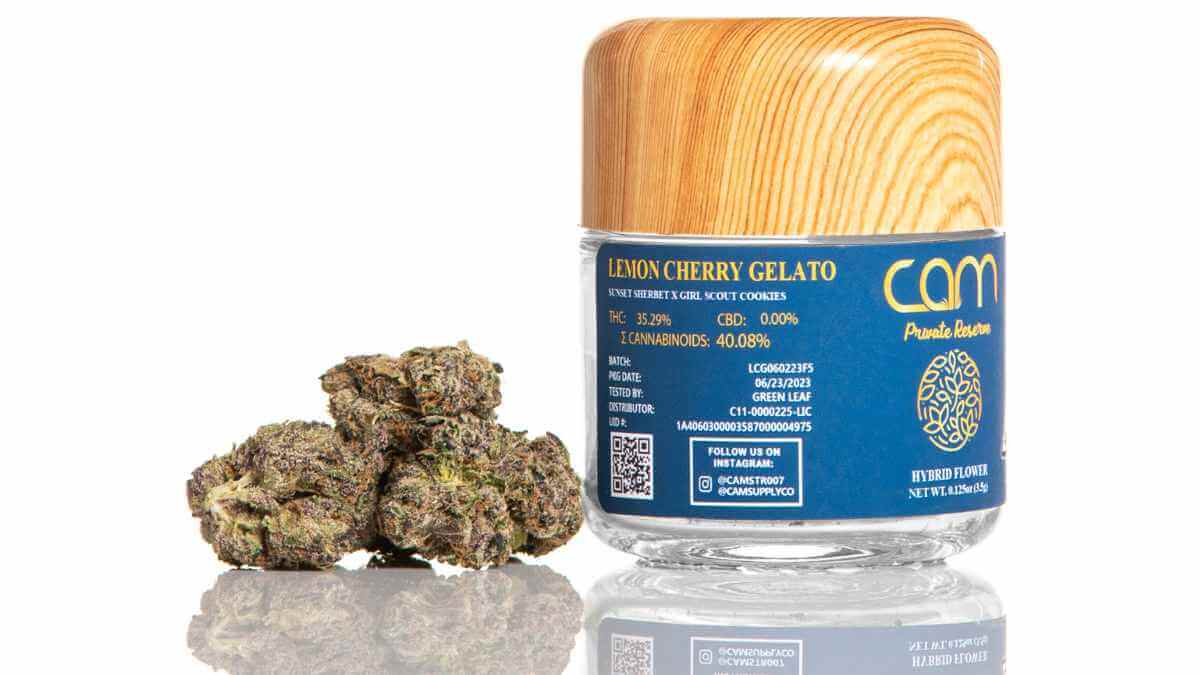 An 8th of the Lemon Cherry Gelato strain from CAM, a cross of the Sunset Sherbet strain with the Girl Scout Cookies strain.