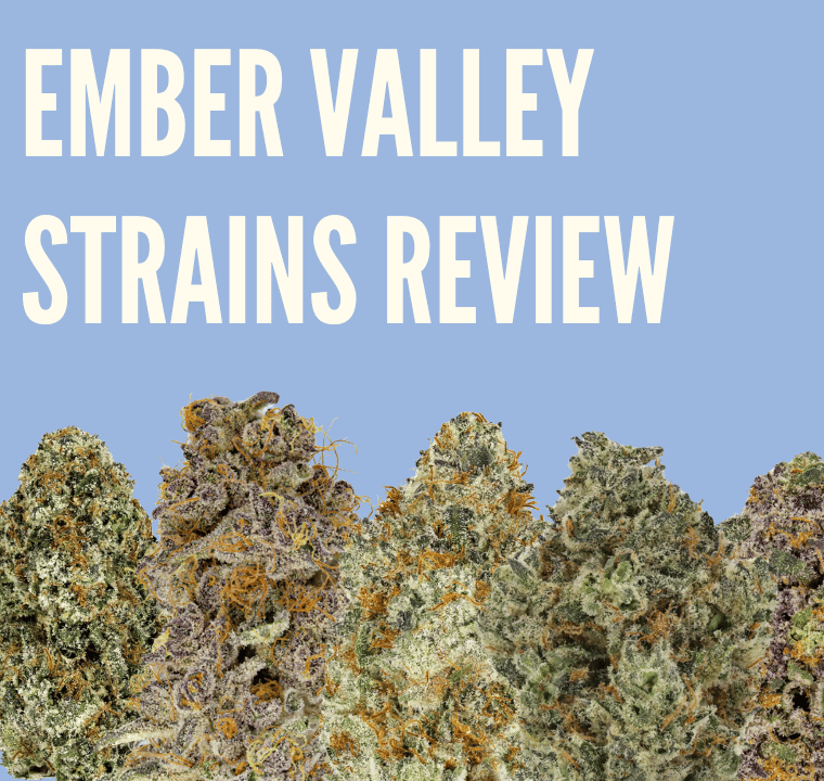 The text Ember Valley Strains review is shown above five cannabis nuts, each a different weed strain launching at Xzibit's West Coast Cannabis in Marina Del Rey.