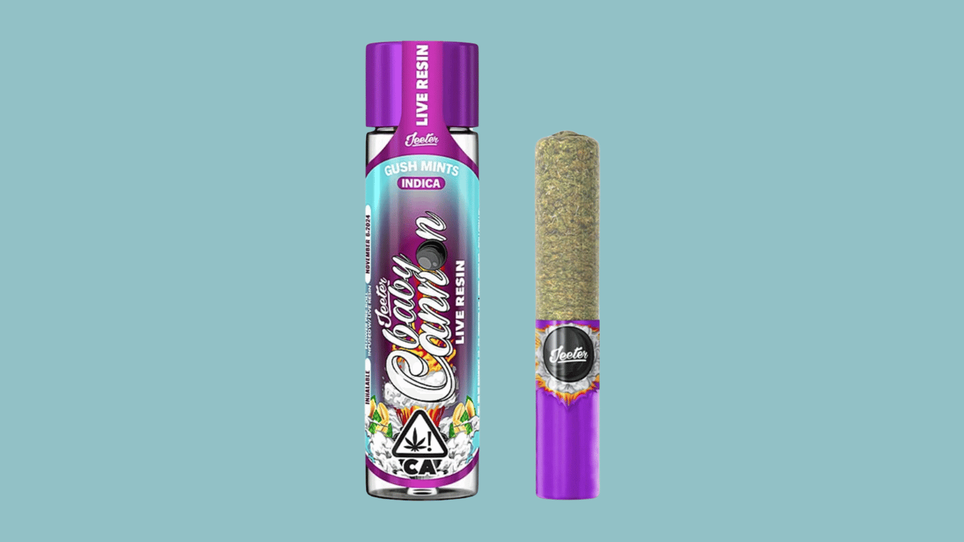 A live resin infused Baby Jeeter Cannon preroll in the Gush Mints strain from Jeeter available at Xzibit's West Coast Cannabis in Marina Del Rey.