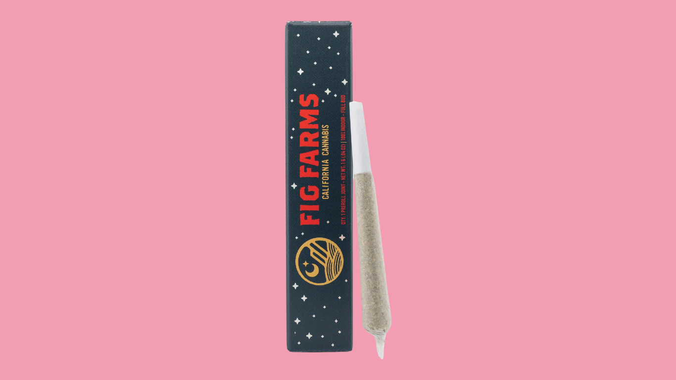 A box of a 1 gram weed preroll in the Jelly Zonuts x Obama Runtz strain from Fig Farms, available at Xzibit's West Coast Cannabis in Marina Del Rey.