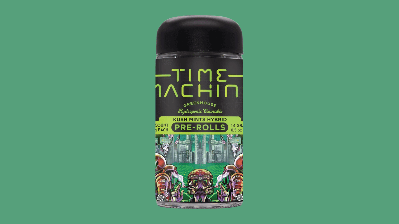 A 28 pack of prerolls from Time Machine in the Kush Mints strain, available at Xzibit's West Coast Cannabis in Marina Del Rey.