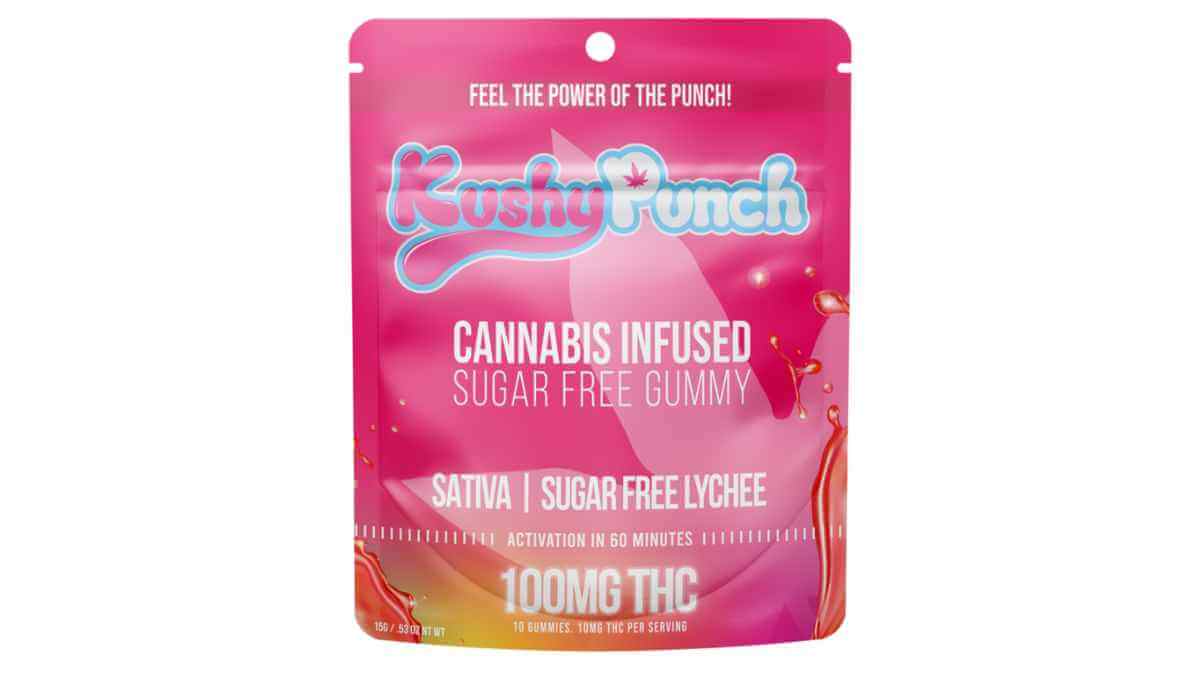 Lychee sugar free Kushy Punch THC Gummies available at Xzibit's West Coast Cannabis in Marina Del Rey.