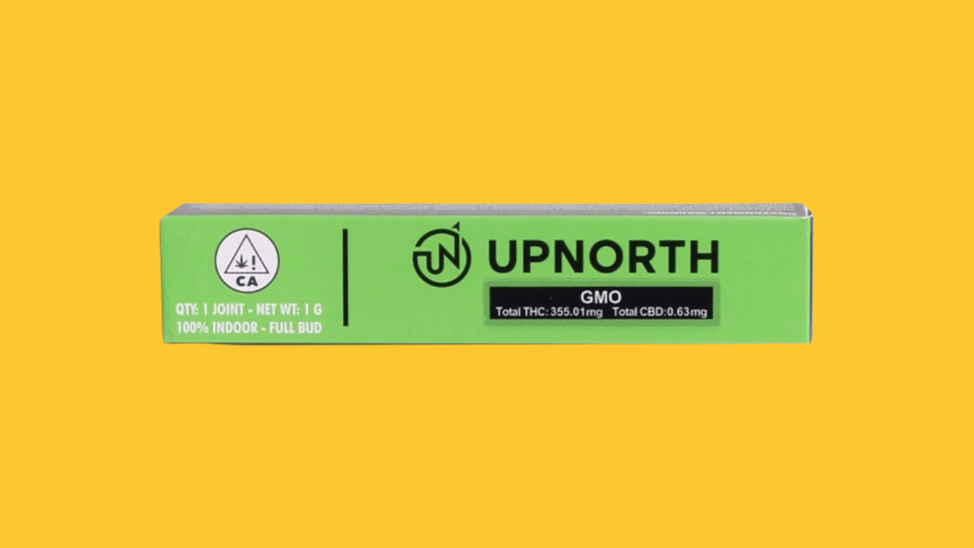 A box of a 1 gram weed preroll in the GMO strain from UpNorth Cannabis available at Xzibit's West Coast Cannabis in Marina Del Rey.