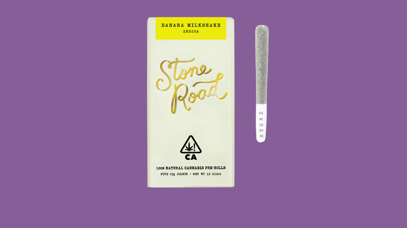 A 5 pack of prerolls from Stone Road in the Banana Milkshake strain, available at Xzibit's West Coast Cannabis in Marina Del Rey.