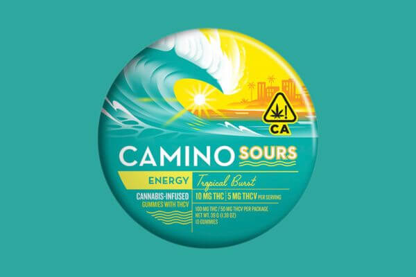 Close-up of a tin of Camino Sours, showcasing the vibrant label with bold sour graphics, set against a clean, neutral background.