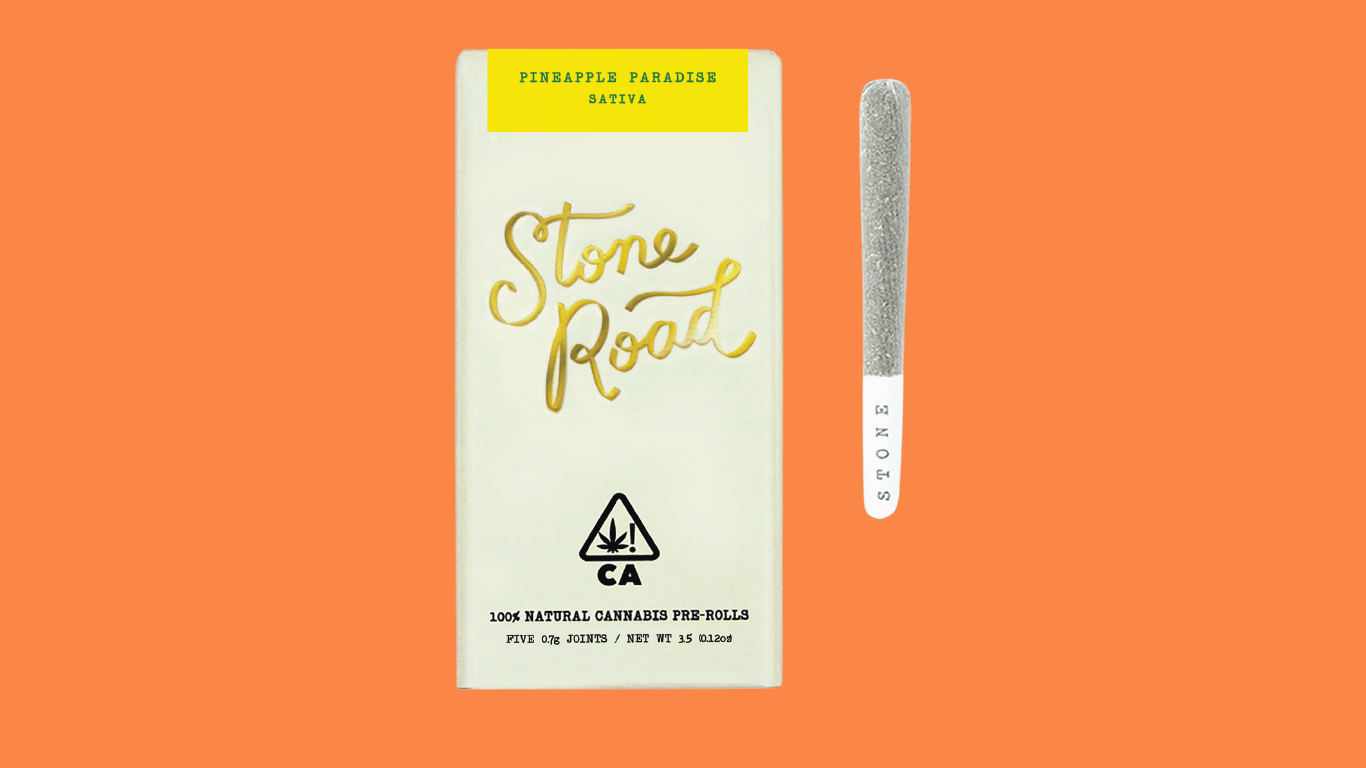 A 5 pack of prerolls from Stone Road in the Pineapple Paradise strain, available at Xzibit's West Coast Cannabis in Marina Del Rey.
