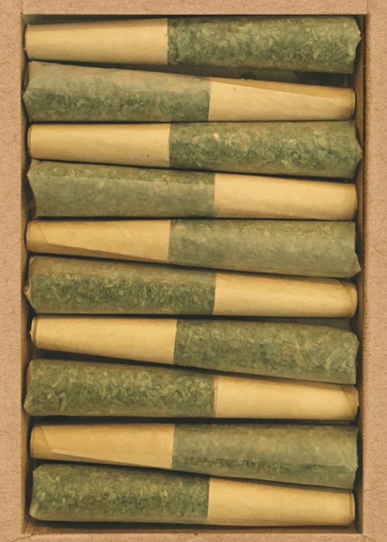 A close up shot of Lowell Farms box of pre rolls. This 10 pack of pre rolls is available at Xzibit's West Coast Cannabis in Marina Del Rey.